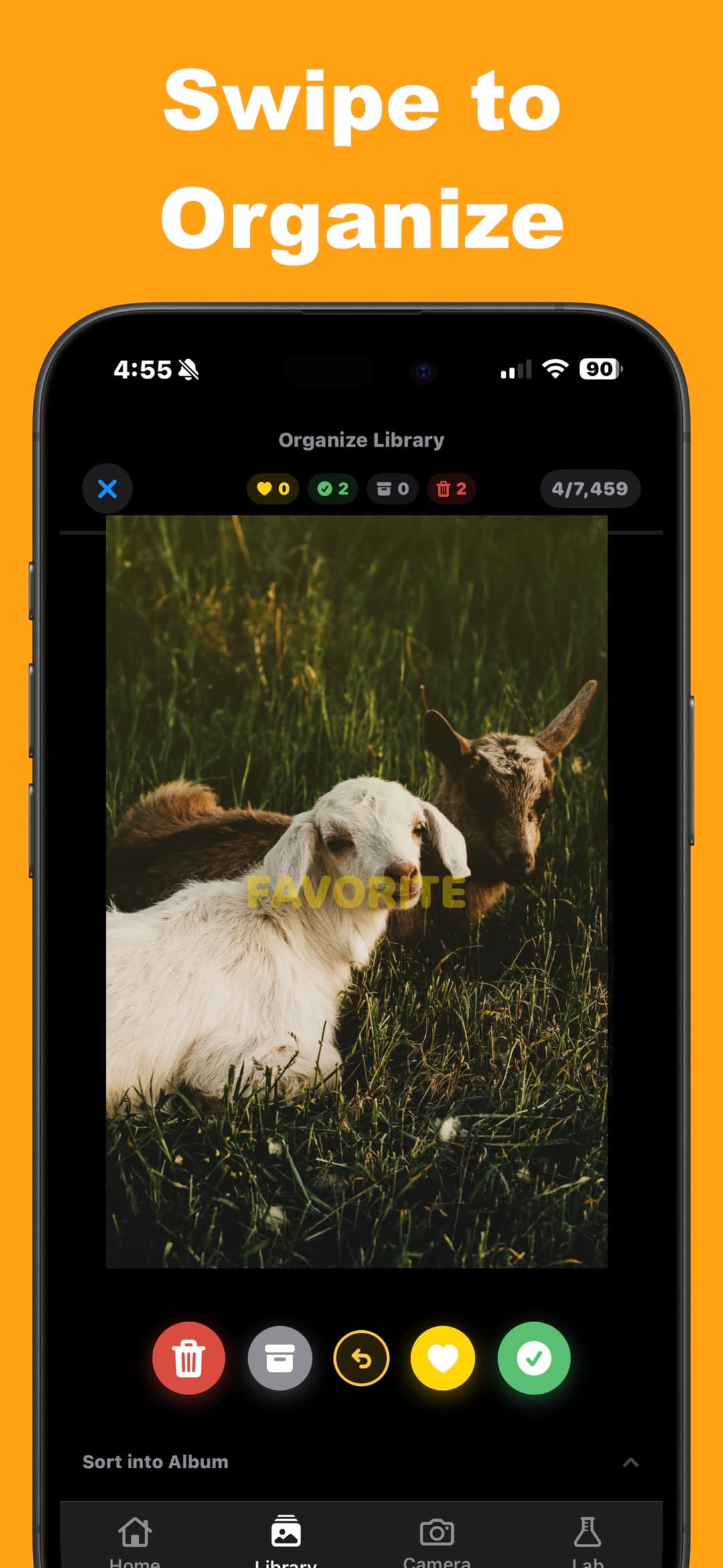 Swipe to Organize screen
